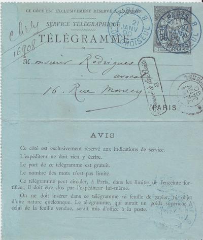 Télégramme de Félicien Rops à [Eugène] Rodrigues. [Paris], 1890/01/21. Bruxelles, Bibliothèque royale de Belgique, III/215/9/22