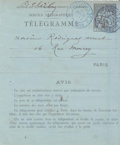 Télégramme de Félicien Rops à [Eugène] Rodrigues. [Paris], 1891/03/11. Bruxelles, Bibliothèque royale de Belgique, III/215/9/24