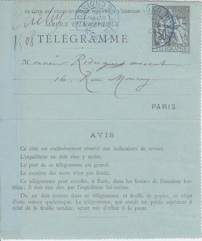 Télégramme de Félicien Rops à [Eugène] Rodrigues. [Paris], 1891/04/25. Bruxelles, Bibliothèque royale de Belgique, III/215/9/25