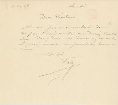 Lettre de Félicien Rops à [Eugène?] [Rodrigues?]. s.l., 1890/03/03. Bruxelles, Bibliothèque royale de Belgique, III/215/9/31