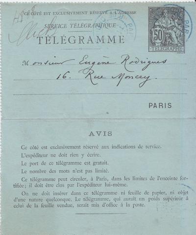 Télégramme de Félicien Rops à Eugène Rodrigues. [Paris], 1891/11/23. Bruxelles, Bibliothèque royale de Belgique, III/215/9/33