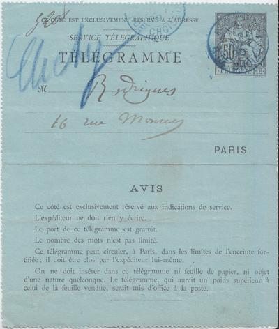 Télégramme non autographe de Félicien Rops? à [Eugène] Rodrigues. [Paris], 1890/06/23. Bruxelles, Bibliothèque royale de Belgique, III/215/9/34