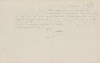 Lettre de Félicien Rops à Eugène Rodrigues. Paris, 1895/02/28. Bruxelles, Bibliothèque royale de Belgique, III/215/9/37