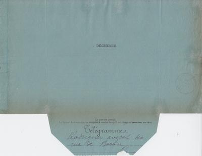 Télégramme non autographe de Félicien Rops à [Eugène] Rodrigues. Paris, 1894/10/17. Bruxelles, Bibliothèque royale de Belgique, III/215/9/38