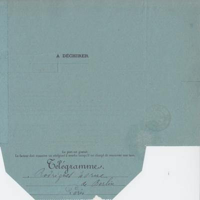 Télégramme non autographe de Félicien Rops à [Eugène] Rodrigues. Corbeil-Essonnes, 1895/04/08. Bruxelles, Bibliothèque royale de Belgique, III/215/9/39