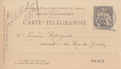 Carte-Télégramme de Félicien Rops à Eugène Rodrigues. [Paris], 1895/04/19. Bruxelles, Bibliothèque royale de Belgique, III/215/9/41