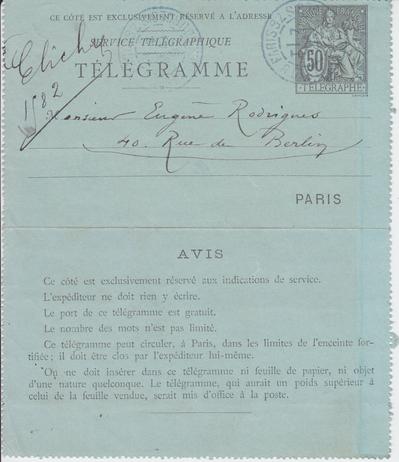 Télégramme de Félicien Rops à Eugène Rodrigues. [Paris], 1895/05/07. Bruxelles, Bibliothèque royale de Belgique, III/215/9/43