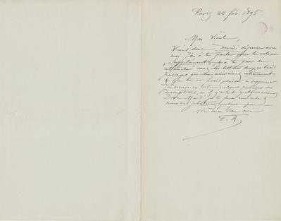 Lettre de Félicien Rops à [Eugène] [Rodrigues]. Paris, 1895/02/22. Bruxelles, Bibliothèque royale de Belgique, III/215/9/45