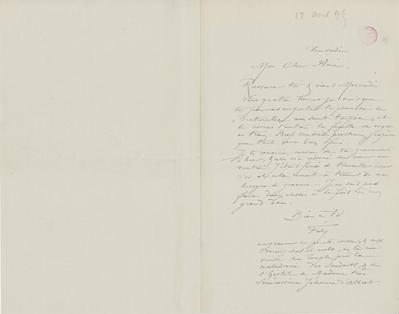 Lettre de Félicien Rops à [Eugène] [Rodrigues]. s.l., 1895/04/12. Bruxelles, Bibliothèque royale de Belgique, III/215/9/48