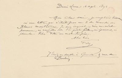 Lettre de Félicien Rops à [Eugène] [Rodrigues]. Corbeil-Essonnes, 1894/09/16. Bruxelles, Bibliothèque royale de Belgique, III/215/9/50