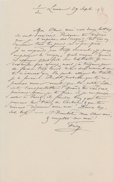 Lettre de Félicien Rops à [Eugène] [Rodrigues]. Corbeil-Essonnes, 1894/09/29. Bruxelles, Bibliothèque royale de Belgique, III/215/9/52