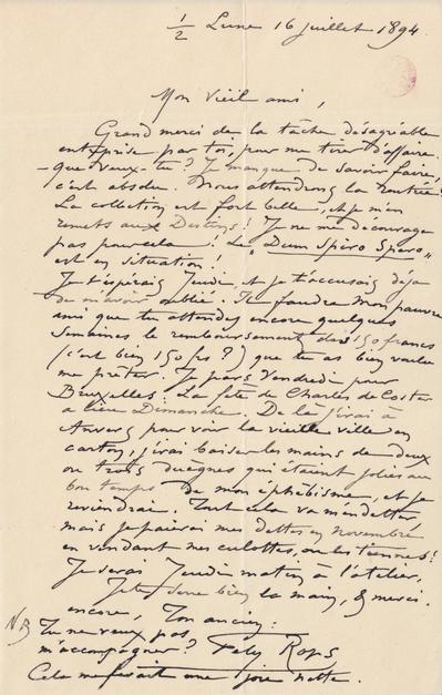 Lettre de Félicien Rops à Eugène Rodrigues. Corbeil-Essonnes, 1894/07/16. Bruxelles, Bibliothèque royale de Belgique, III/215/9/57