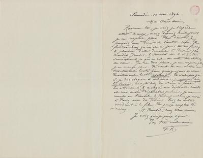 Lettre de Félicien Rops à [Eugène?] [Rodrigues?]. s.l., 1894/11/10. Bruxelles, Bibliothèque royale de Belgique, III/215/9/6