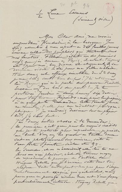 Lettre de Félicien Rops à [Eugène] [Rodrigues]. Corbeil-Essonnes, 1894/10/19. Bruxelles, Bibliothèque royale de Belgique, III/215/9/60