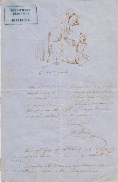 Lettre de Félicien Rops à Carlo [Charles ?] [De Coster ?]. [Bruxelles], 1856/01/27. Bruxelles, Bibliothèque royale de Belgique, IV/1286