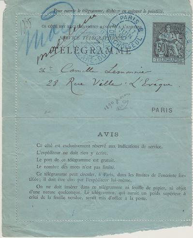 Lettre, annotations de Maxime GODFRIND, Esprit et caractère – Idéal et réel, Édition critique de la correspondance de Félicien Rops à Camille Lemonnier (1873-1890), mémoire de master en langues et littératures françaises et romanes, sous la direction de Laurence Brogniez, Bruxelles, Université libre de Bruxelles, 2014. Consultable à la bibliothèque du musée. de Félicien Rops à Camille [Lemonnier]. [Paris], 1890/06/17. Bruxelles, Archives de la Commune d'Ixelles - Musée Camille Lemonnier, Lem/12