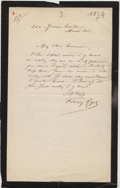 Lettre, annotations de Maxime GODFRIND, Esprit et caractère – Idéal et réel, Édition critique de la correspondance de Félicien Rops à Camille Lemonnier (1873-1890), mémoire de master en langues et littératures françaises et romanes, sous la direction de Laurence Brogniez, Bruxelles, Université libre de Bruxelles, 2014. Consultable à la bibliothèque du musée. de Félicien Rops à [Camille] Lemonnier. Bruxelles, 1874/00/00. Bruxelles, Archives de la Commune d'Ixelles -Musée Camille Lemonnier, Lem/3