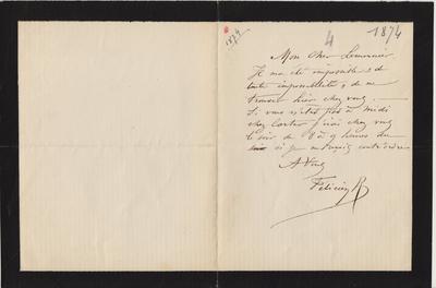 Lettre, annotations de Maxime GODFRIND, Esprit et caractère – Idéal et réel, Édition critique de la correspondance de Félicien Rops à Camille Lemonnier (1873-1890), mémoire de master en langues et littératures françaises et romanes, sous la direction de Laurence Brogniez, Bruxelles, Université libre de Bruxelles, 2014. Consultable à la bibliothèque du musée. de Félicien Rops à [Camille] Lemonnier. s.l., 1874/00/00. Bruxelles, Archives de la Commune d'Ixelles -Musée Camille Lemonnier, Lem/4