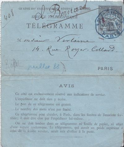 Télégramme de Félicien Rops à [Paul] Verlaine. [Paris], 1888/07/00. Province de Namur, musée Félicien Rops, LEpr/1