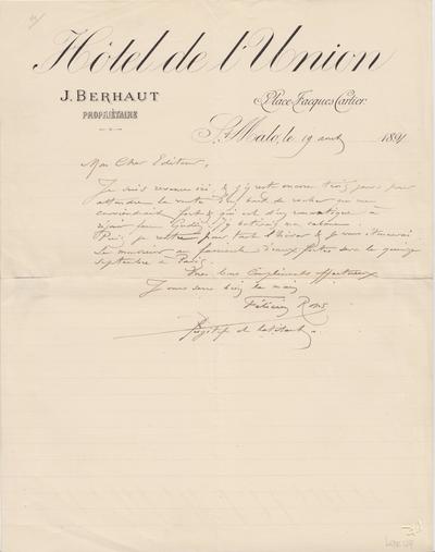 Lettre de Félicien Rops à [Edmond] [Deman]. Saint-Malo, 1891/08/19. Province de Namur, musée Félicien Rops, LEpr/129