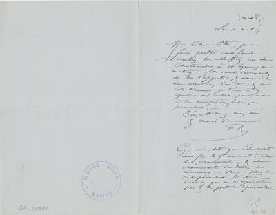 Lettre de Félicien Rops à Inconnu. s.l., 1885/03/02. Province de Namur, musée Félicien Rops, LEpr/135