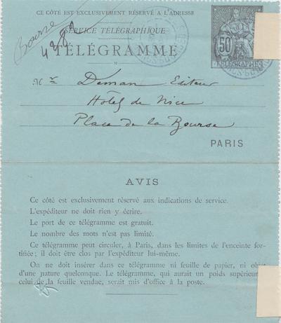 Télégramme de Félicien Rops à [Edmond] Deman. [Paris], 1895/05/18. Province de Namur, musée Félicien Rops, LEpr/148