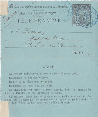 Télégramme de Félicien Rops à [Edmond] Deman. [Paris], 1895/07/20. Province de Namur, musée Félicien Rops, LEpr/156