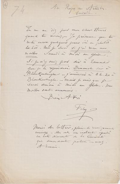 Lettre de Félicien Rops à Henri [Liesse]. Anseremme, 1874/00/00. Province de Namur, musée Félicien Rops, LEpr/16