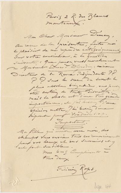 Lettre de Félicien Rops à [Edmond] Deman. Paris, 1895/06/00. Province de Namur, musée Félicien Rops, LEpr/164