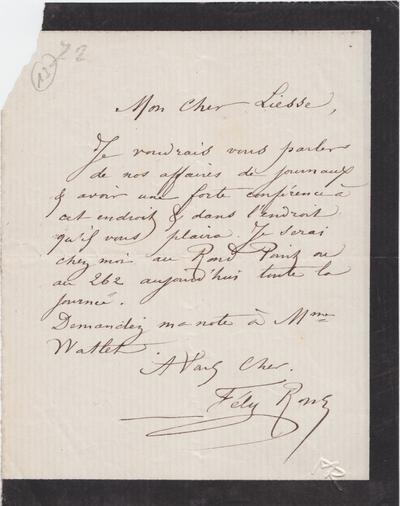 Lettre de Félicien Rops à [Henri] Liesse. [Bruxelles], 1872/00/00. Province de Namur, musée Félicien Rops, LEpr/18