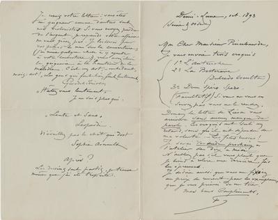 Lettre de Félicien Rops à [René] Pincebourde. Corbeil-Essonnes, 1893/10/00. Province de Namur, musée Félicien Rops, LEpr/197