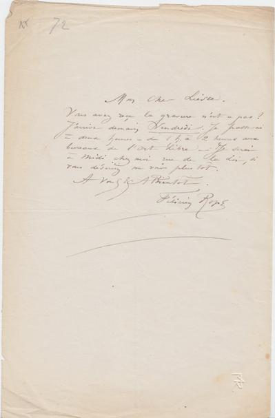 Lettre de Félicien Rops à [Henri] Liesse. s.l., 1872/00/00. Province de Namur, musée Félicien Rops, LEpr/22