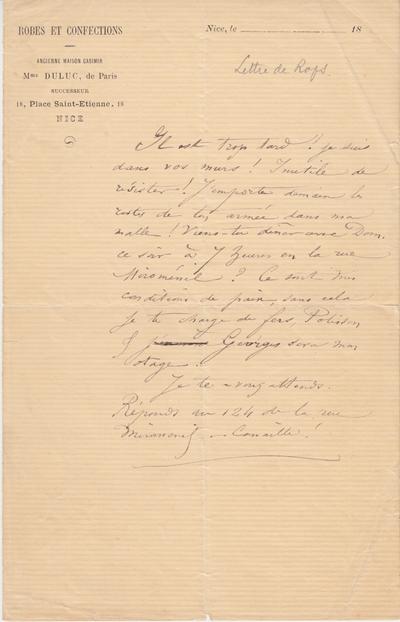 Lettre de Félicien Rops à Inconnu. [Paris], 0000/00/00. Province de Namur, musée Félicien Rops, LEpr/234