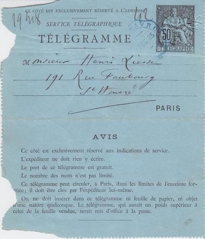 Télégramme de Félicien Rops à Henri Liesse. [Paris], 1885/12/00. Province de Namur, musée Félicien Rops, LEpr/27