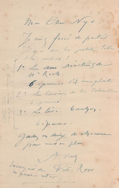 Lettre de Félicien Rops à [François] Nys. [Paris], 0000/00/00. Province de Namur, musée Félicien Rops, LEpr/275