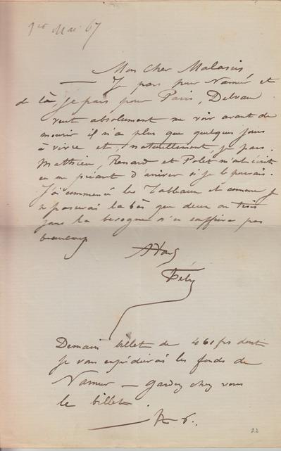 Lettre de Félicien Rops à [Auguste] Poulet-Malassis. Paris, 1867/05/01. Province de Namur, musée Félicien Rops, LEpr/280