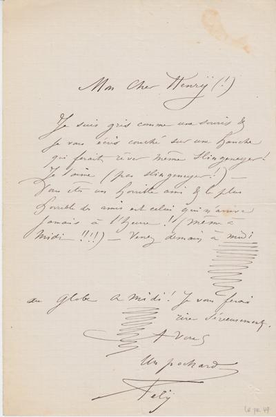 Lettre de Félicien Rops à Henry [Henri] [Liesse]. s.l., 0000/00/00. Province de Namur, musée Félicien Rops, LEpr/49