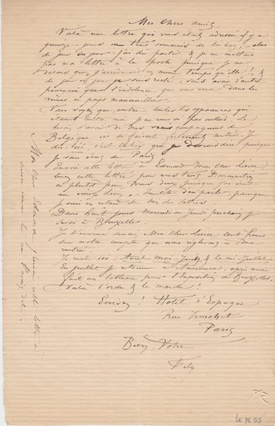 Lettre de Félicien Rops à [Henri et Edmond] [Liesse et Carlier]. Paris, 0000/00/00. Province de Namur, musée Félicien Rops, LEpr/53