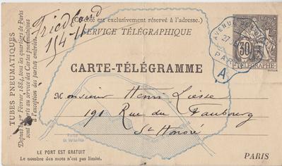 Carte-Télégramme de Félicien Rops à Henri Liesse. [Paris], 1884/09/27. Province de Namur, musée Félicien Rops, LEpr/55