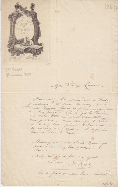 Lettre avec épreuve de Félicien Rops à [Henri] Liesse. s.l., 1881/00/00. Province de Namur, musée Félicien Rops, LEpr/70