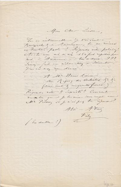 Lettre de Félicien Rops à Henri Liesse. s.l., 0000/00/00. Province de Namur, musée Félicien Rops, LEpr/77