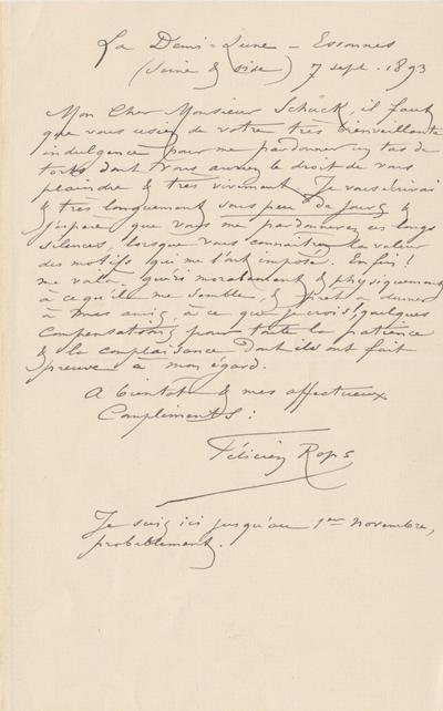 Lettre de Félicien Rops à [Léon] Schück. Corbeil-Essonnes, 1893/09/07. Province de Namur, musée Félicien Rops, LEpr/255