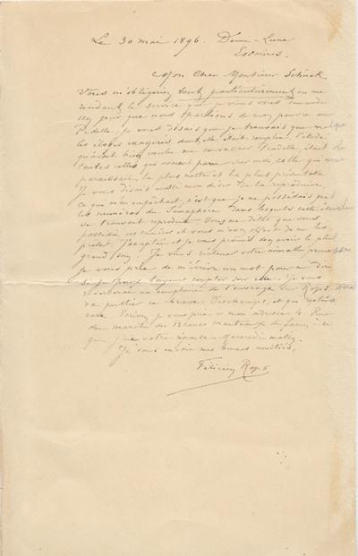 Lettre de Félicien Rops à [Léon] Schück. Corbeil-Essonnes, 1896/05/30. Province de Namur, musée Félicien Rops, LEpr/260