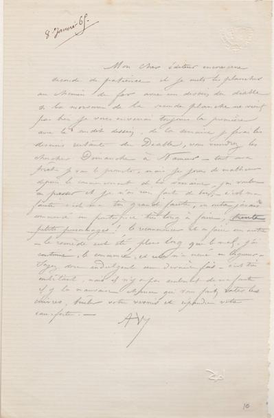 Lettre de Félicien Rops à [Auguste] [Poulet-Malassis]. s.l., 1869/01/08. Province de Namur, musée Félicien Rops, Livre/62/10