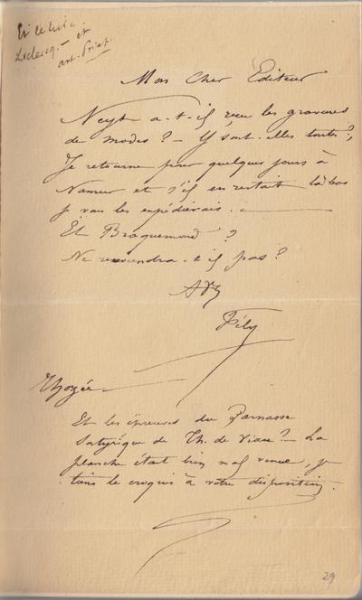 Lettre de Félicien Rops à [Auguste] [Poulet-Malassis]. Thozée, 0000/00/00. Province de Namur, musée Félicien Rops, Livre/63