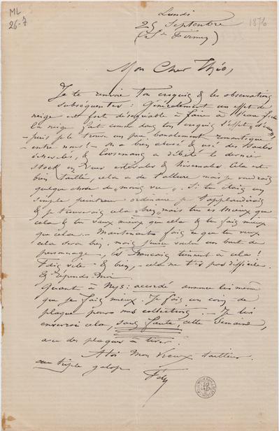 Lettre de Félicien Rops à Théo [Hannon]. s.l., 1876/09/25. Bruxelles, Archives et Musée de la Littérature, ML/00026/0007