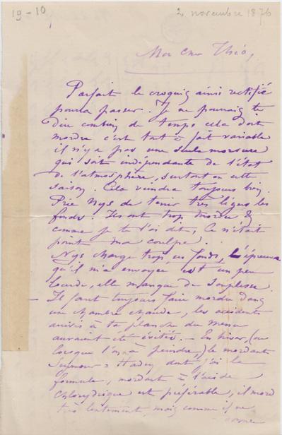 Lettre de Félicien Rops à Théo [Hannon]. [Dinant], 1876/11/02. Bruxelles, Archives et Musée de la Littérature, ML/00026/0013