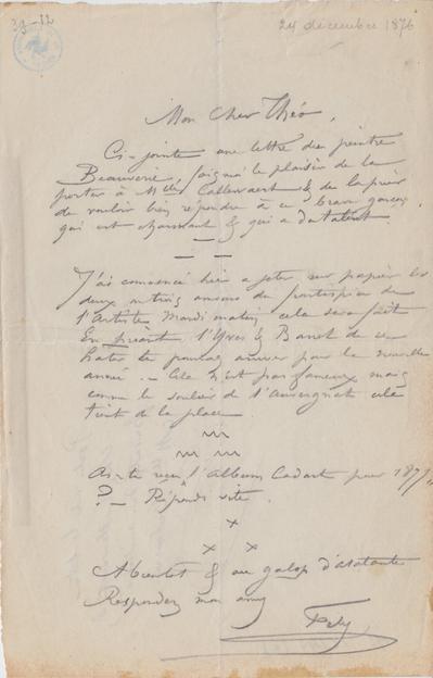 Lettre de Félicien Rops à Théo [Hannon]. [Paris], 1876/12/24. Bruxelles, Archives et Musée de la Littérature, ML/00026/0014