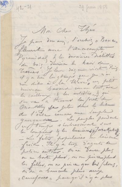 Lettre de Félicien Rops à Théo [Hannon]. [Paris], 1878/06/12. Bruxelles, Archives et Musée de la Littérature, ML/00026/0024