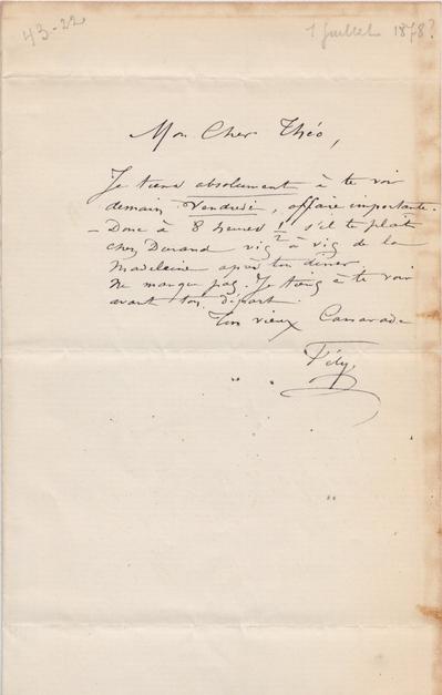 Lettre de Félicien Rops à Théo [Hannon]. [Paris], 1878/07/01. Bruxelles, Archives et Musée de la Littérature, ML/00026/0025